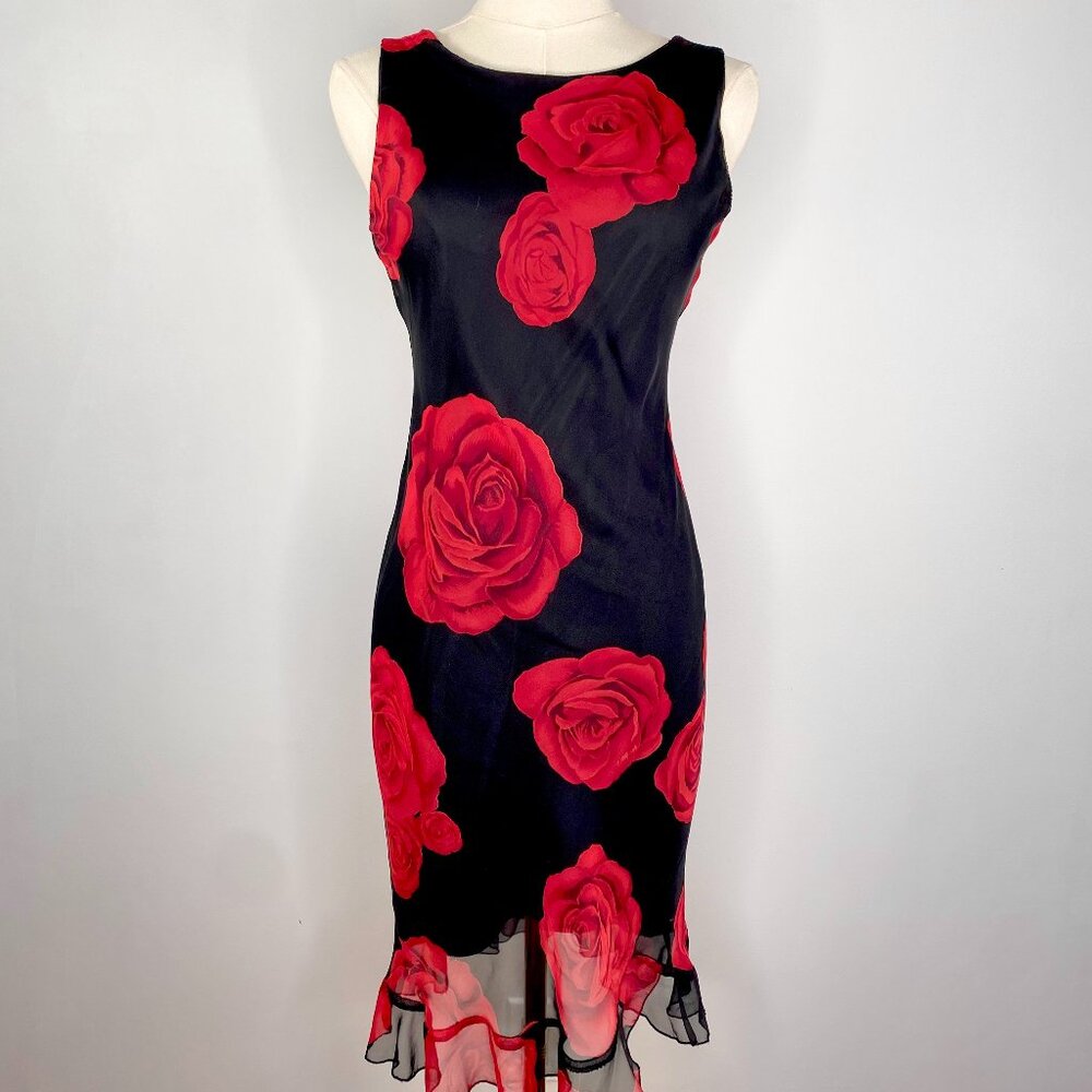 Jessica - Red Rose Print Black Mini Dress